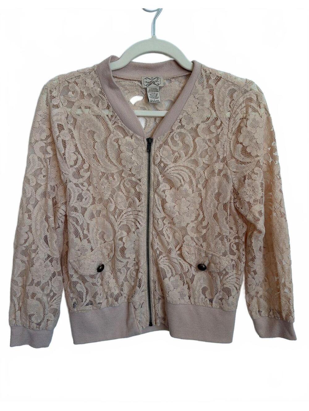 Eyelash Couture Lace Bomber Jacket Beige Ribbed Trim Large Boho Chic